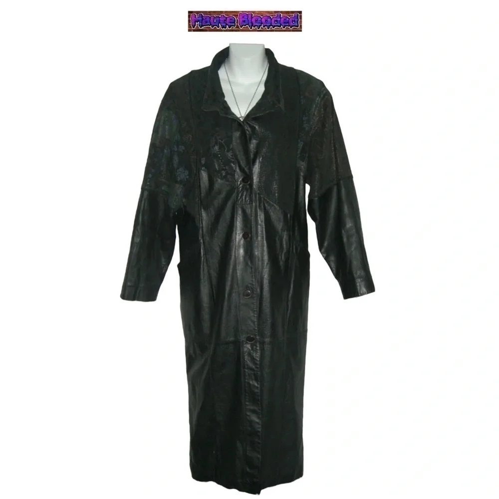 Vintage 90's Long Black Leather Trench Coat Holographic Boho Print Floor Length - Picture 3 of 15